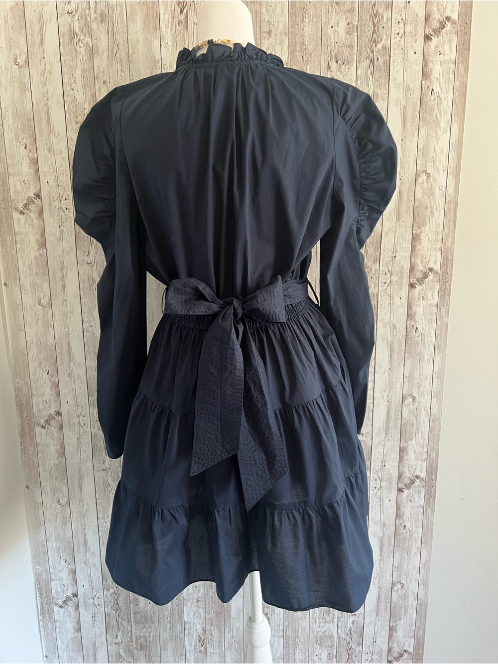 Anna Cate Elizabeth Puff Sleeve Tiered Ruffle Navy Blue Preppy Dress Medium - Picture 2 of 4